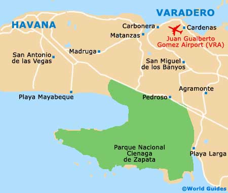 Varadero lies east of Havana