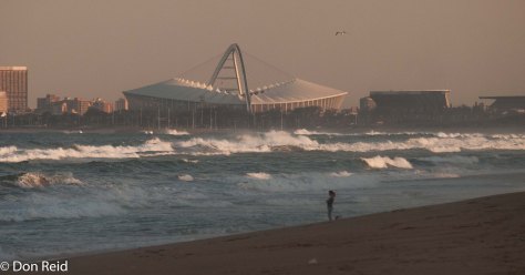 La Lucia beach with the Moses Madiba stadium in the background - built for the 2010 World Soccer Cup